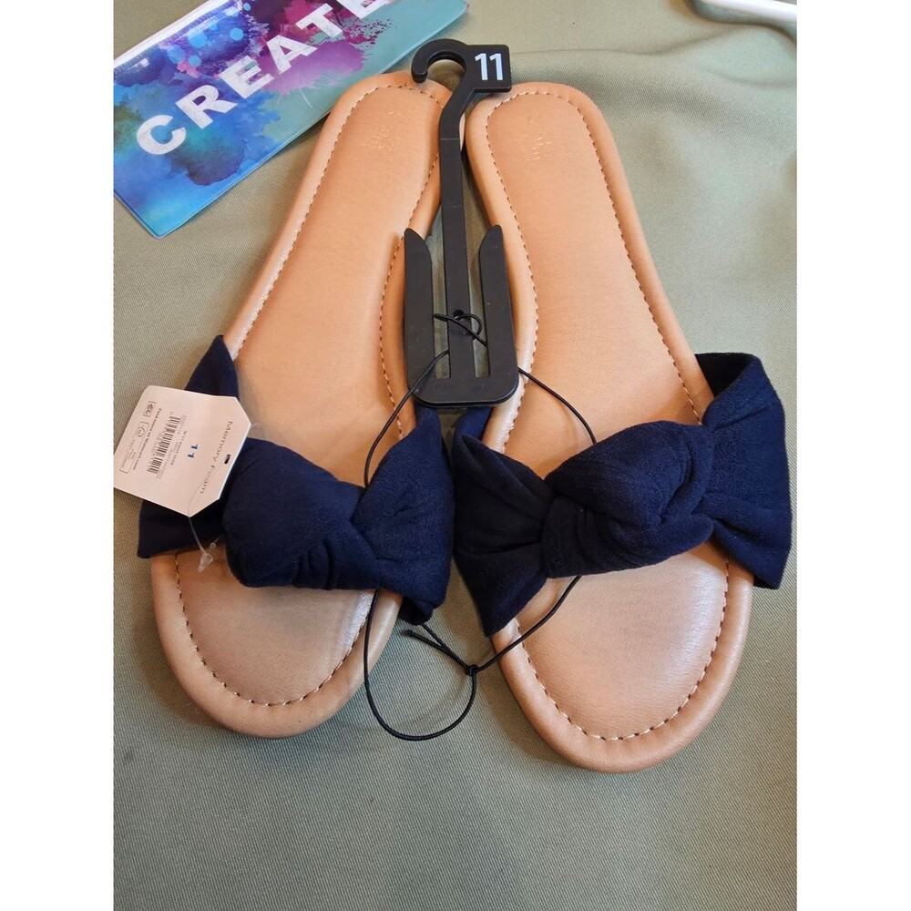 NWT Time and Tru Navy Bow Slide Sandals Size 11
